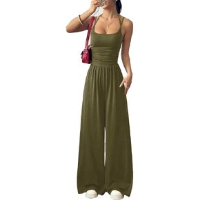 Women's Sleeveless Jumpsuits Casual One Piece Tank Summer Backless Spaghetti Strap Wide Leg Pant Rompers Vacation in Saudi Arabia