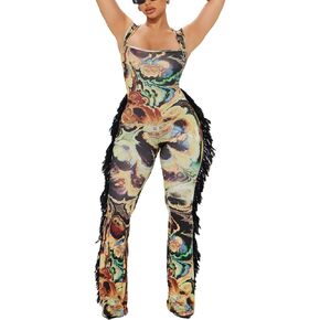 Mandonce Sexy Jumpsuits for Women Off Shoulder Sleeveless Scoop Neck Jumpsuits with Tassels Vintage Casual Outfits Going Out in Kuwait