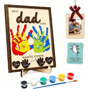 10" Best Dad Ever DIY Handprint Kit with Acrylic Paint, Family Keepsake Wood Frame, Personalized Art Craft Gift for Dad Papa, Father's Day Birthday Gift from Kids in Saudi Arabia