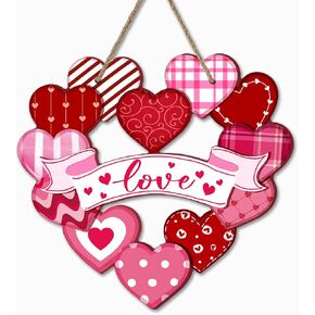 Valentines Day Front Door Sign, Red Pink Love Hearts Plaid Stripes Polka Dot Wood Hanger Outdoor Porch Home Decor, Romantic Anniversary Wedding Wooden Wreath Indoor Wall Hanging Decoration in Kuwait