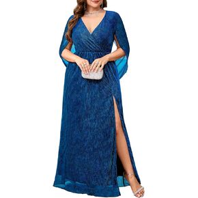 Plus Size Formal Maxi Dress Sparkly Cape Sleeve V Neck Side Split Wedding Guest Prom Evening Gown Gala, Peacock Blue, 1X in Saudi Arabia