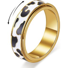 Cow Print Fidget Spinner Ring for Women - 18K Gold Plated Stainless Steel Rotating Band,Black & White Enamel,Anti-Anxiety Stress Relief Jewelry for Work Travel Home,Hypoallergenic,Birthday Gift in Saudi Arabia