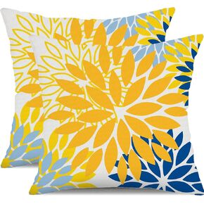 DFXSZ Yellow Blue Flower Pillow Covers 18x18 Inch Set of 2 White Gray Colored Throw Pillows Outdoor Waterproof Decor for Living Room Sofa Patio Funiture Garden Floral Polyester Pillow Covers 002J18 in Saudi Arabia