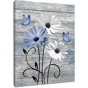 MYUSRE Farmhouse Blue Floral Canvas Wall Art, 16L X 12W Inch | Rustic Wood Daisy Butterfly Framed Wall Art Country Flower Pictures Wall Decor Ready to Hang in Saudi Arabia