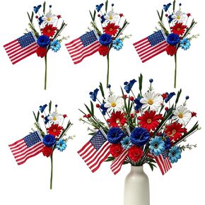4 Pack 4th of July Picks Patriotic Artificial Red White Blue Daisy Flowers with American Flags - Floral Stems for Independence Day Centerpieces Wreaths Vase DIY Crafts Party Table Decorations in Saudi Arabia