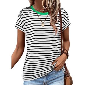 ONLYSHE Womens Short Sleeve Shirts Casual Crewneck Tops Tshirt Basic Tees Summer Fashion Strpied Clothes Outfits Tunic in Saudi Arabia