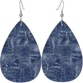 Vintage Blue Jean Denim Print Faux Leather Earrings, Vintage Denim Fold Art Print Teardrop Dangle Earrings, Lightweight Dangle For Women in Saudi Arabia