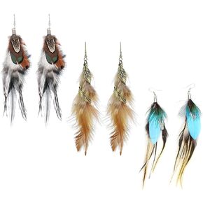 3 Pcs Artisanal Feather Earrings for Women, Boho Bohemian Style with Multicolor Tassels, Handmade Dangling Feather Dangles, Lightweight Trendy in Kuwait