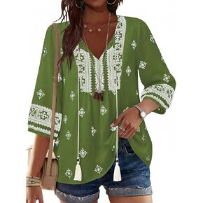 Poetsky Women's Casual 3/4 Sleeve Babydoll Tunic Tops Boho Floral Print V Neck Tie Front Summer Flowy Peplum Blouses Shirts in Saudi Arabia