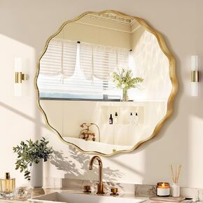 Gold Round Mirror for Wall, 24"x24" Decorative Wavy Bathroom Mirror with Brushed Alloy Steel Frame & Shatter-Proof Glass, Hanging Circle Wall Mirrors for Bathroom, Entryway (Gold, Small) in Saudi Arabia