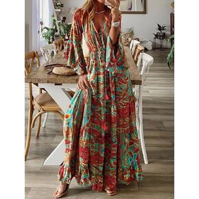 Women's Boho Floral Print Maxi Dress Bell Sleeve V Neck Tie Waist Ruffle Hem Flowy Long Dress for Beach Vacation,Large in Kuwait