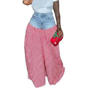ThusFar Women's Checkered Patchwork Wide Leg Jeans High Waisted Plaid Stretchy Gingham Loose Denim Pants Casual Trouser in Kuwait
