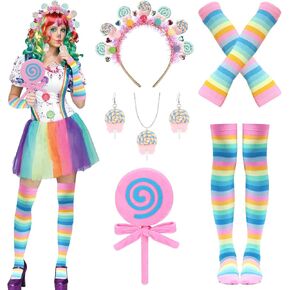 9 PCS Galentine's Day Candyland Costume Accessories Candy Headband Sweet Rainbow Necklace Lollipop Earrings Jombo Handheld Gloves Tights for Valentine's Day Candy Theme Cosplay Accessories in Saudi Arabia