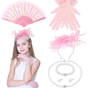 6Pcs Fascinators Hats for Girls Tea Party Hat, Lace Gloves, Fans and Pearl Set for Wedding 1920s Girls Tea Party Accessories in Saudi Arabia