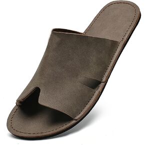 Men'S Genuine Leather Flat Slides Sandals Fashion Round Open Toe Slip On Soft Bottom Beach Sandals Summer Casual Vacation Parties Slippers in Saudi Arabia