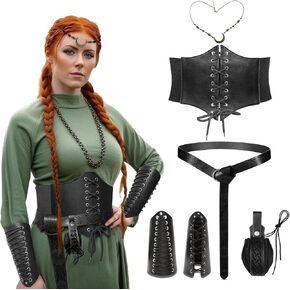 Vegove Women Medieval Viking Costume Accessories, Renaissance Fairy Corset Arm Bracer Belt Head Chain Kit for Halloween in Saudi Arabia