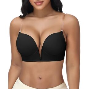 JOYSHAPER Plunge Bras for Women Low Cut Clear Straps Dress Bra Convertible Padded Push Up Bra Cleavage Backless Bra in Saudi Arabia