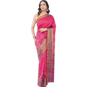ساري Dola Silk Magenta للسيدات من Aarlon مع قطعة بلوزة غير مخيطة وخطوط قطرية وزخارف باتولا in Kuwait
