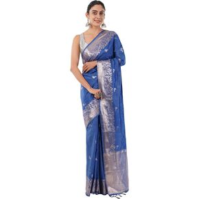 Women's Textured Royal Blue Silk Saree With Unstitched Blouse Piece in Kuwait