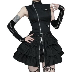 Women Cargo Punk Zipper Flare Mini Dress - Layered Buckle High Mock Neck Sleeveless Goth Style Going Out Skater in Saudi Arabia