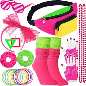 YAROMO 80s Outfit for Women, 80's Fanny Pack Glasses Hairband Fishnet Gloves Bracelet Earrings Necklace Neon Shorts Slouch Socks in Kuwait