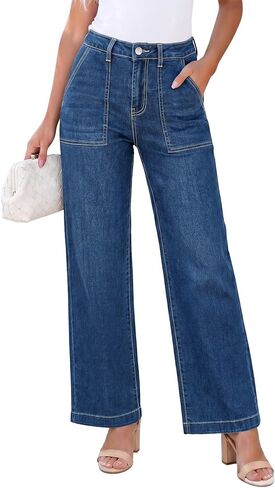 GRAPENT Jeans for Women High Waisted Straight Leg Jeans Stretchy Trendy Wide Leg Denim Pants Jean Trousers Patch Pockets in Kuwait