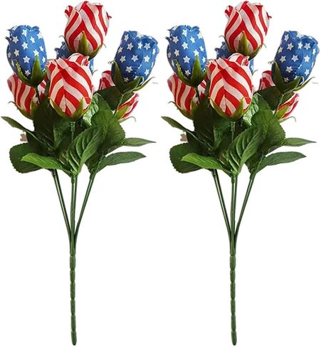 Patriotic Flowers 4th of July Artificial Flower Red White and Blue American Flag Rose Bouquet Independence Day Memorial Day Home Decoration Supplies 2 Pack in Saudi Arabia
