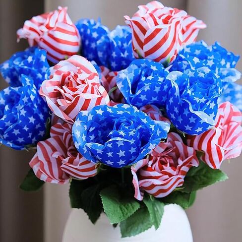 Patriotic Flowers 4th of July Artificial Flower Red White and Blue American Flag Rose Bouquet Independence Day Memorial Day Home Decoration Supplies 2 Pack in Saudi Arabia