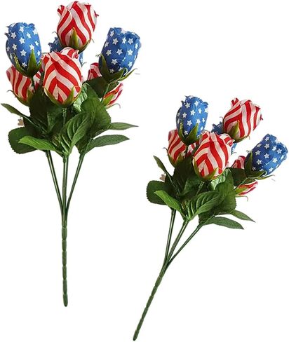 Patriotic Flowers 4th of July Artificial Flower Red White and Blue American Flag Rose Bouquet Independence Day Memorial Day Home Decoration Supplies 2 Pack in Saudi Arabia
