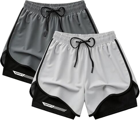 2 Pack Men's 2-in-1 Running Shorts, Quick Dry Athletic Workout Shorts with Liner, Lightweight Gym Sports Shorts for Training in Kuwait