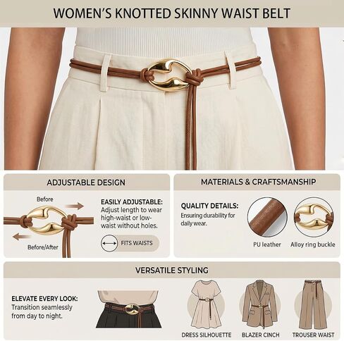 LIMHOO Women's Knotted Skinny Waist Belt PU Leather Double Rope Thin Belts with Alloy Ring Buckle for Dresses in Saudi Arabia
