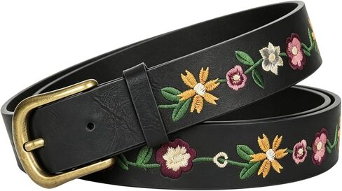 Eohak Women's Floral Embroidered Leather Belt Vintage Boho Style Waist Belt with Antique Gold Buckle for Jeans Dresses in Kuwait