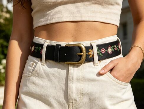 Eohak Women's Floral Embroidered Leather Belt Vintage Boho Style Waist Belt with Antique Gold Buckle for Jeans Dresses in Kuwait