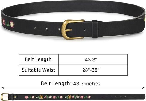 Eohak Women's Floral Embroidered Leather Belt Vintage Boho Style Waist Belt with Antique Gold Buckle for Jeans Dresses in Kuwait