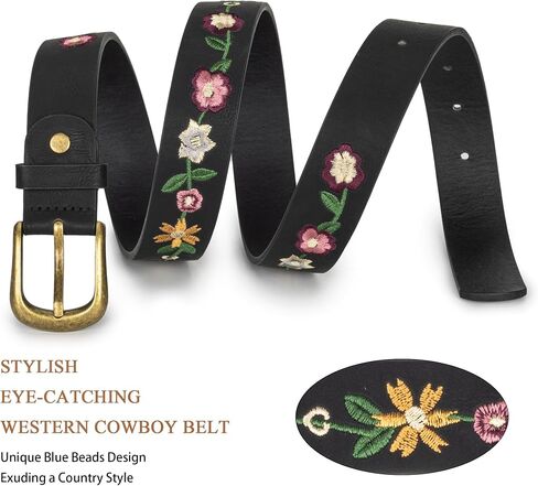 Eohak Women's Floral Embroidered Leather Belt Vintage Boho Style Waist Belt with Antique Gold Buckle for Jeans Dresses in Kuwait