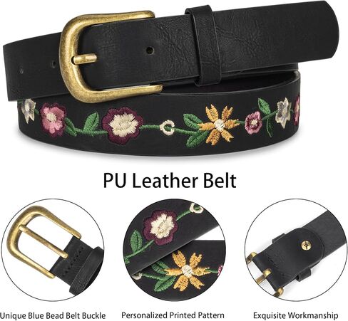 Eohak Women's Floral Embroidered Leather Belt Vintage Boho Style Waist Belt with Antique Gold Buckle for Jeans Dresses in Kuwait