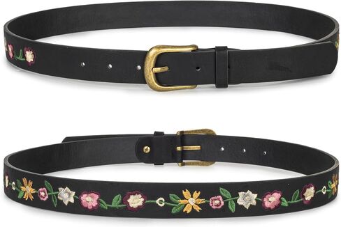 Eohak Women's Floral Embroidered Leather Belt Vintage Boho Style Waist Belt with Antique Gold Buckle for Jeans Dresses in Kuwait