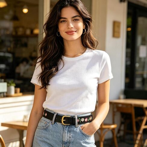Eohak Women's Floral Embroidered Leather Belt Vintage Boho Style Waist Belt with Antique Gold Buckle for Jeans Dresses in Kuwait