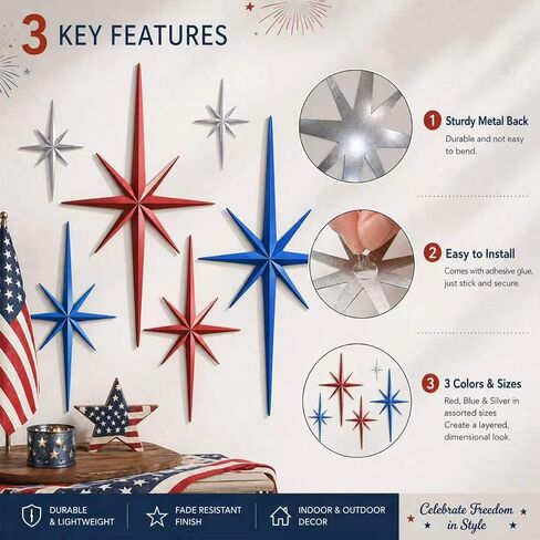 Merriva 6 Pack Patriotic Metal Starburst Wall Decor, Red White Blue Mid Century Modern Star Wall Art for 4th of July Independence Day, Retro Atomic Metal Sculptures for Home Living Room Bedroom Decor in Saudi Arabia