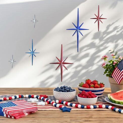 Merriva 6 Pack Patriotic Metal Starburst Wall Decor, Red White Blue Mid Century Modern Star Wall Art for 4th of July Independence Day, Retro Atomic Metal Sculptures for Home Living Room Bedroom Decor in Saudi Arabia