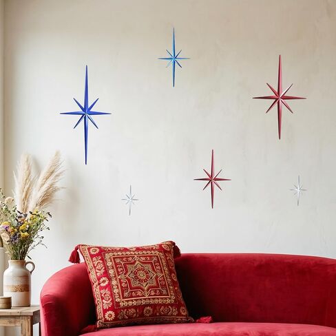 Merriva 6 Pack Patriotic Metal Starburst Wall Decor, Red White Blue Mid Century Modern Star Wall Art for 4th of July Independence Day, Retro Atomic Metal Sculptures for Home Living Room Bedroom Decor in Saudi Arabia