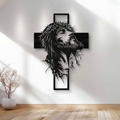 Metal Jesus and Cross Wall Art, Christian Jesus Cross Art Decor for Wall, Crown of Thorns Jesus Metal Walls Decoration Flat Rustic Black Iron Sign Frame for Restaurant Church, Bedroom, Living(40CM/15.74IN) in Saudi Arabia