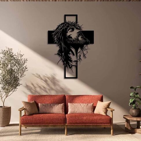 Metal Jesus and Cross Wall Art, Christian Jesus Cross Art Decor for Wall, Crown of Thorns Jesus Metal Walls Decoration Flat Rustic Black Iron Sign Frame for Restaurant Church, Bedroom, Living(40CM/15.74IN) in Saudi Arabia