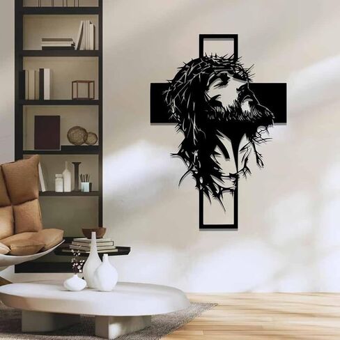 Metal Jesus and Cross Wall Art, Christian Jesus Cross Art Decor for Wall, Crown of Thorns Jesus Metal Walls Decoration Flat Rustic Black Iron Sign Frame for Restaurant Church, Bedroom, Living(40CM/15.74IN) in Saudi Arabia