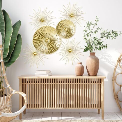 Yudlto 6 Pcs Gold Wall Decor Set, Modern Metal Starburst Radial Plate Wall Art, Gold Metal Hanging Decor for Living Room Bedroom Bathroom Office in Saudi Arabia