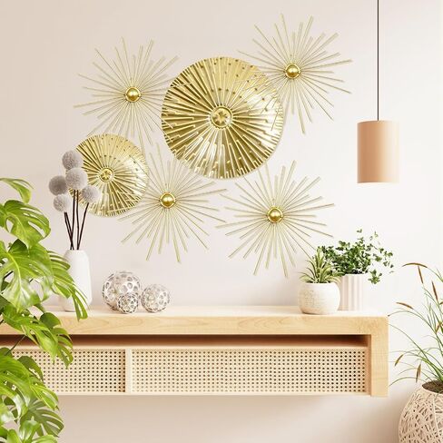 Yudlto 6 Pcs Gold Wall Decor Set, Modern Metal Starburst Radial Plate Wall Art, Gold Metal Hanging Decor for Living Room Bedroom Bathroom Office in Saudi Arabia