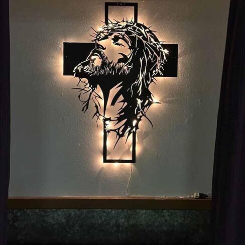 Metal Jesus and Cross Wall Art, Christian Jesus Cross Art Decor for Wall, Crown of Thorns Jesus Metal Walls Decoration Flat Rustic Black Iron Sign Frame for Restaurant Church, Bedroom, Living(40CM/15.74IN) in Saudi Arabia