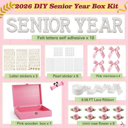 Yousoontic 2026 فئة من كبار التخرج DIY صندوق خشبي عدة صندوق تذكار خشبي كبير مع حروف لؤلؤية قوس دانتيل ورود لامعة الأبجدية والأرقام لؤلؤة الشارات هدية شخصية لها (وردي) in Kuwait
