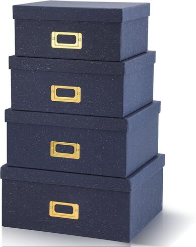 Eaasty Set of 4 Decorative Storage Boxes with Lids, Kraft Paper Boxes with Gold Label Holders, Decorative Photo Memory Keepsakes Storage, Cardboard Organizers for Home Decor, Office Organizing(White) in Saudi Arabia
