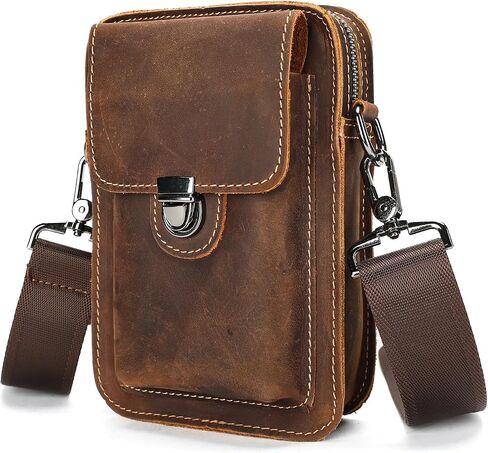 Mens Leather Phone Holster, Belt Pouch Fits 7 Inch Phone, Brown | Cowhide, Crossbody Carry, Waist Clip, Shoulder Strap, Zipper Pocket, Front Latch, Compact Daily Essentials in Saudi Arabia
